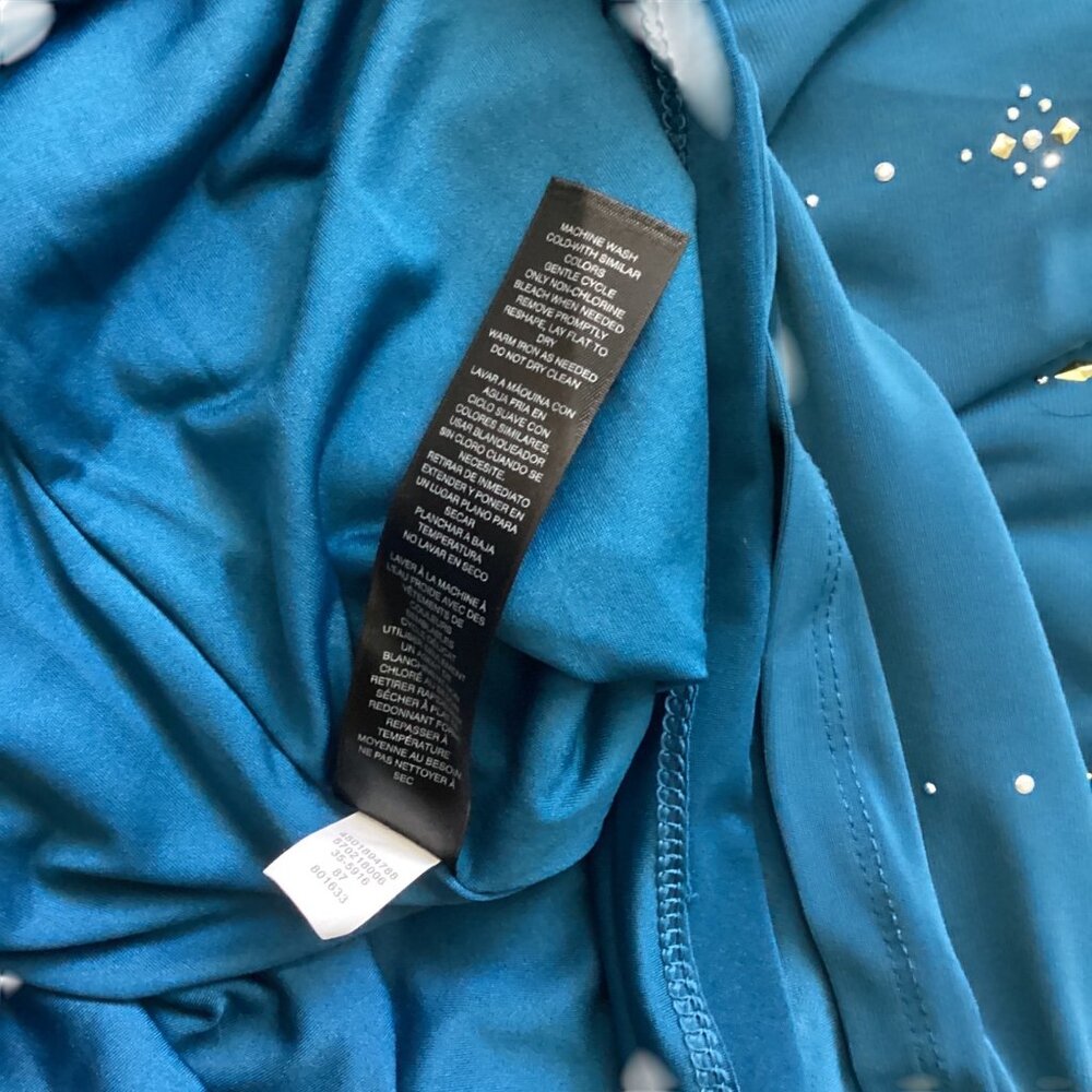 White House Black Market Teal Long-Sleeve Cold Shoulder Dress Rhinestones Size M - Picture 8 of 12